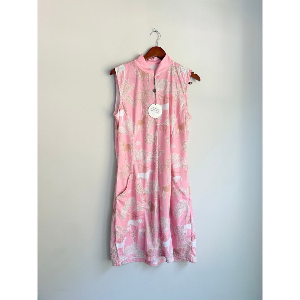 Espoir Pink Tropical Horse Print Sleeveless Mock Neck Zip Front Dress XL NEW